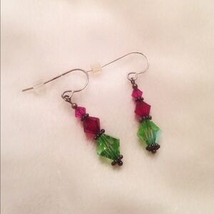 Magenta & Green Crystal Drop Earrings | Handmade Boho Statement
